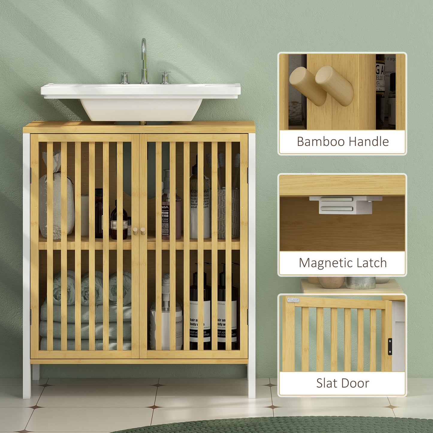 Neyora Bamboo Style Under Sink Bathroom Storage Cabinet With Cut Out Front