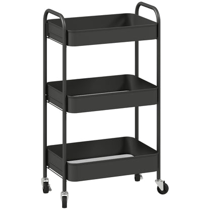 Varafi Metal Black 3 Tier Steel Storage Trolley With Wheels