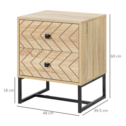 Nema Diso Natural Wood 2 Drawer Nightstand With Zig Zag Chevron Design Black Handles