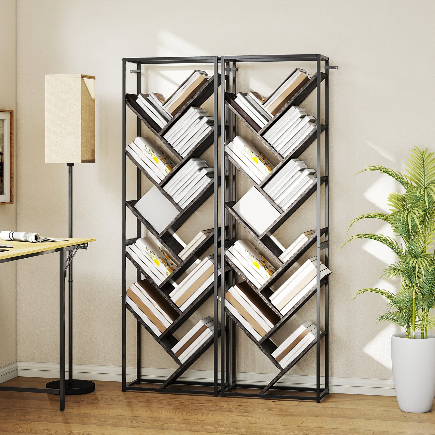 Coco Rine Metal And Wood Black And Grey 10 Tier Industrial Style Bookcase