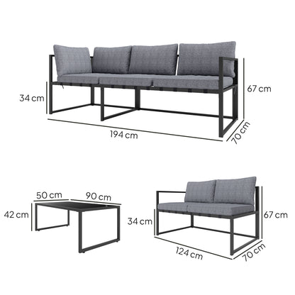 Liketti Metal Grey 5 Seater L Shaped Garden Sofa Set With Cushions and Glass Table