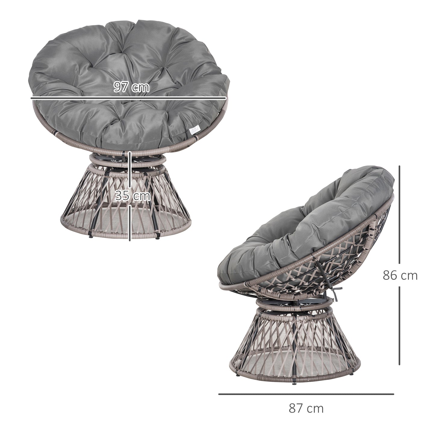 Rarare Grey Rattan Swivel Papasan Style Moon Chair With Oversized Cushion