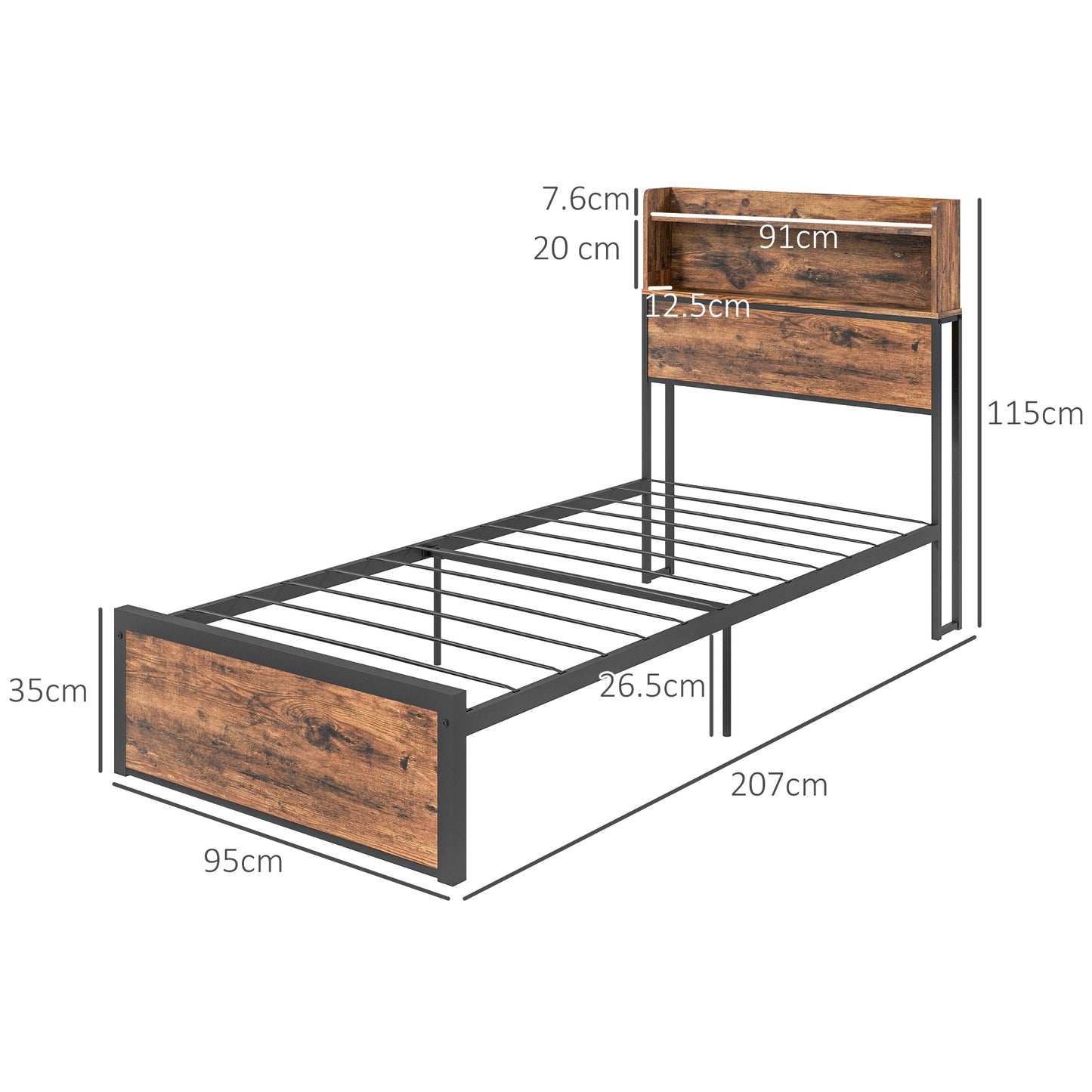 Sata 3FT1 Rustic Brown and Black Industrial Single Bed Frame with Shelves