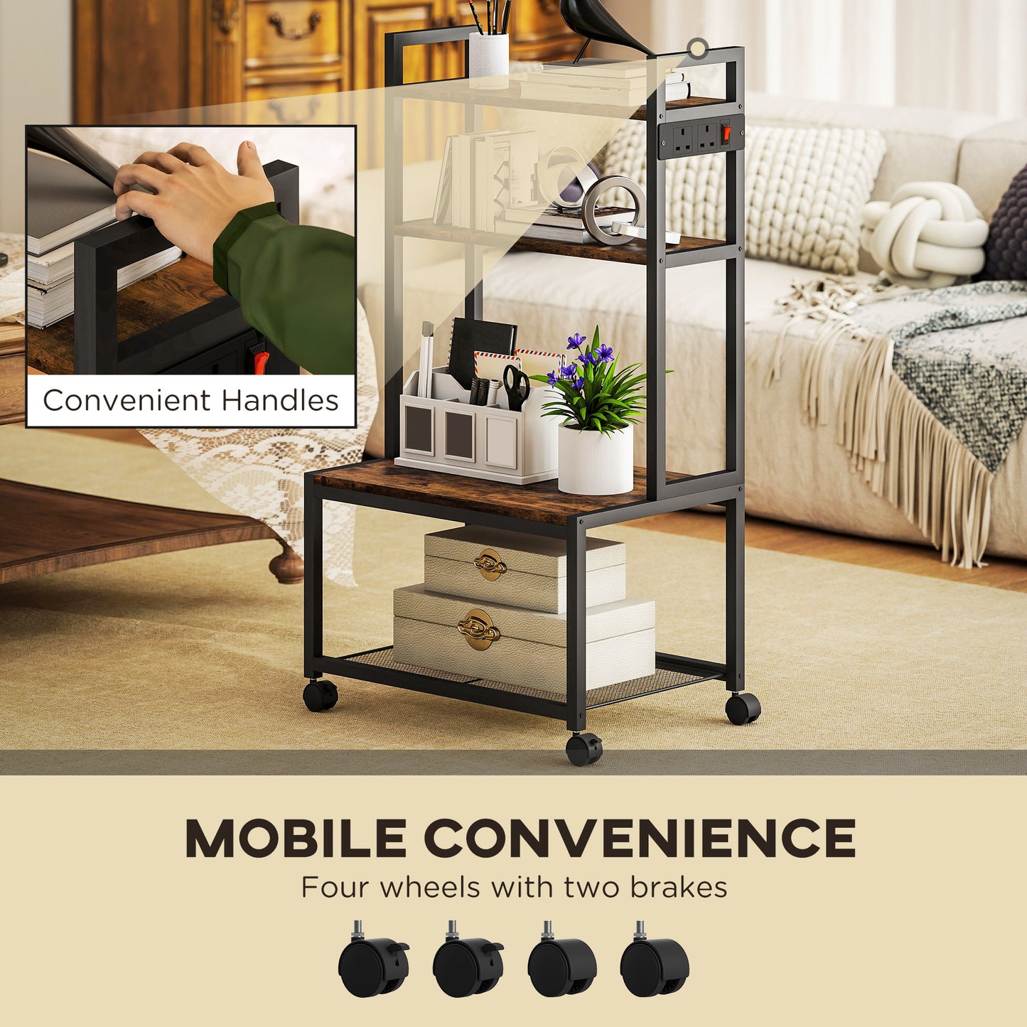 Suto Nivi Metal And Wood Rustic Brown 4 Tier Printer Stand With Power Outlets And Wheels