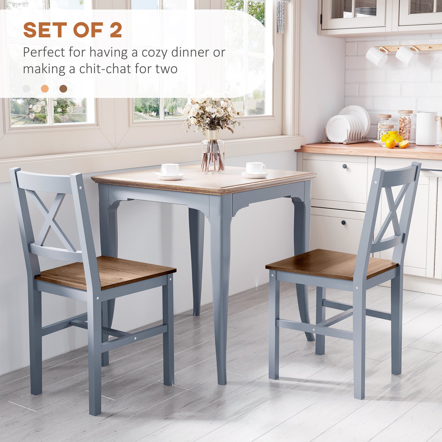 Vinnetti Solid Wood Grey Cross Back Dining Chairs Set Of 2 With Classic Structure