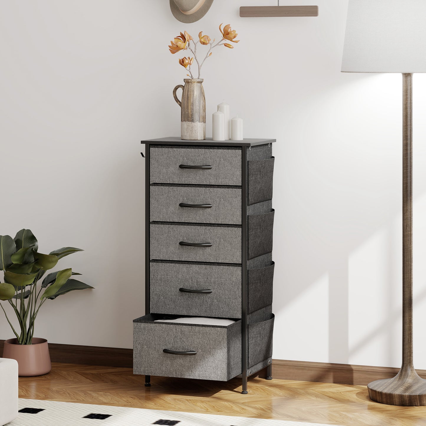 Suha Fabric And Metal Charcoal Grey 5 Drawer Storage Chest