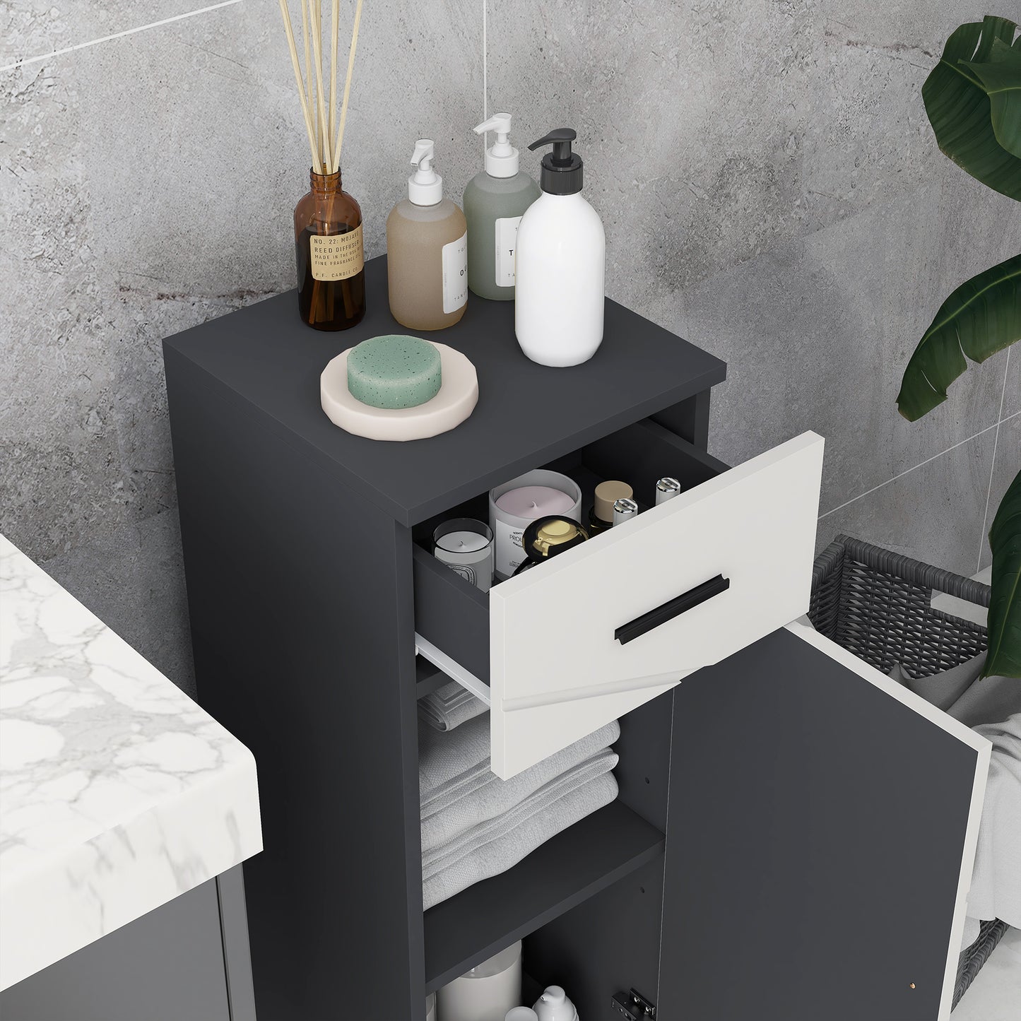 Fimala Slim Grey Bathroom Storage Cabinet With Drawer Cupboard Adjustable Shelves And Soft Close Door