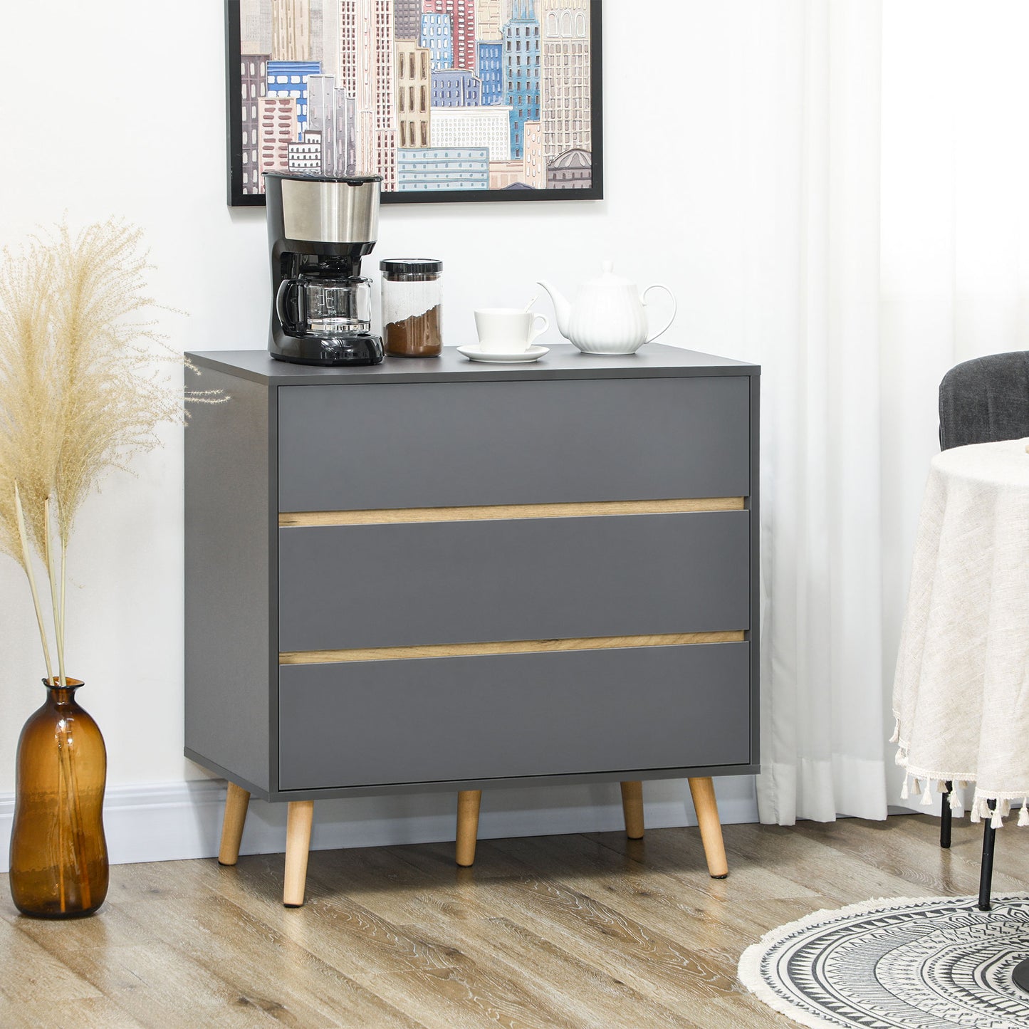 Vetasu Natural and Grey 3 Drawer Storage Chest with Wooden Angled Legs
