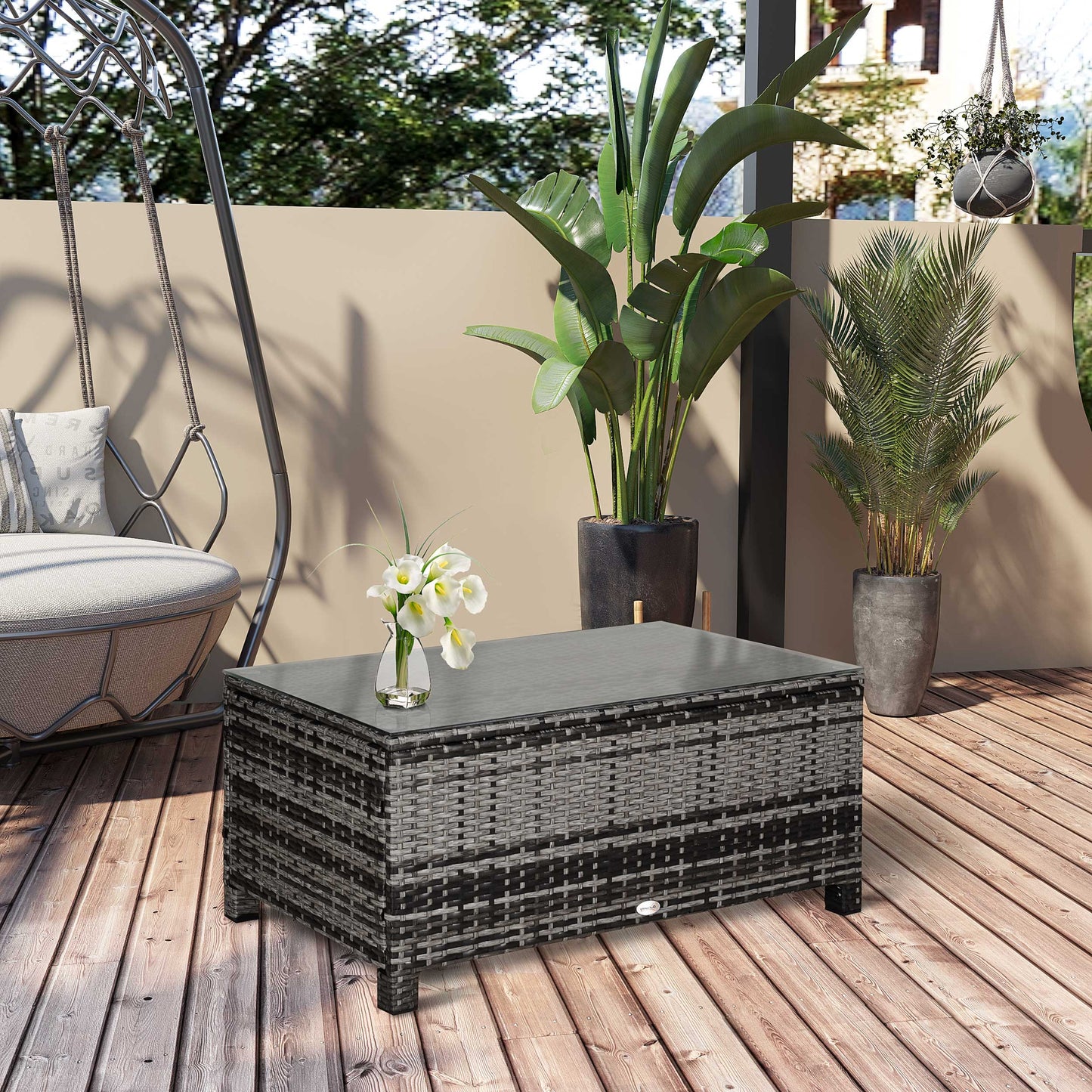 Lolifi Grey Rattan Outdoor Coffee Table With Glass Top