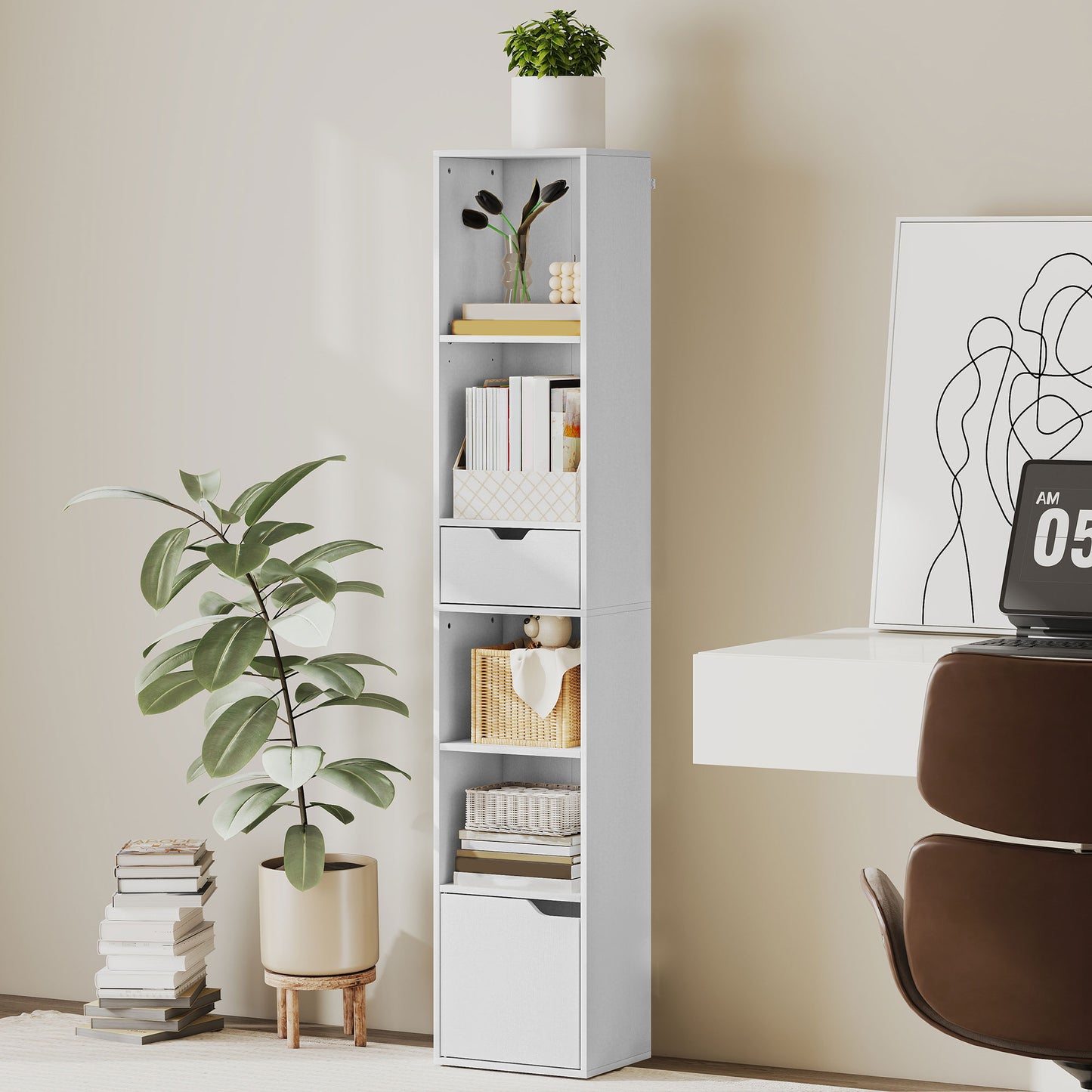 Kesura Wooden White Tall Narrow 6 Tier Bookcase With Drawer And Door