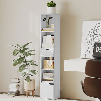 Kesura Wooden White Tall Narrow 6 Tier Bookcase With Drawer And Door