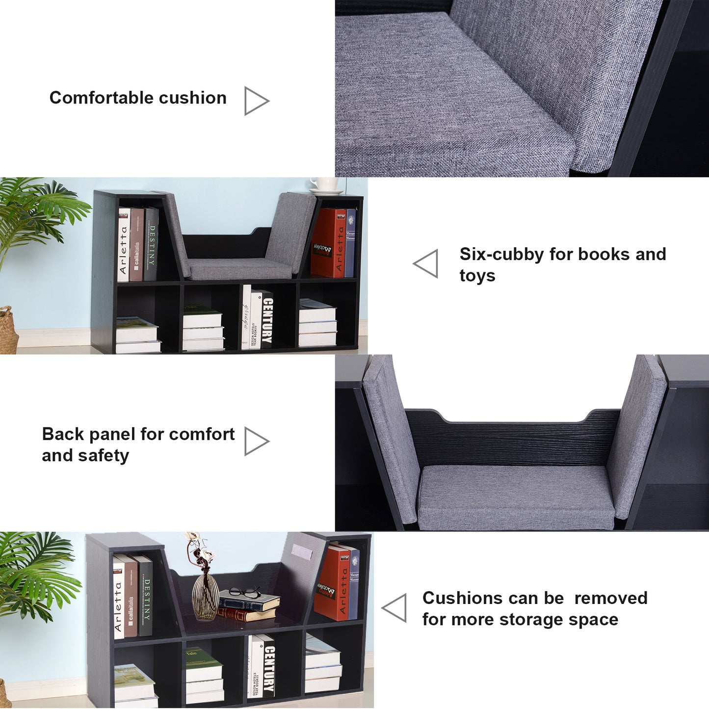 Yofilo Wood And Fabric Black Cube Bookcase With Built In Reading Seat