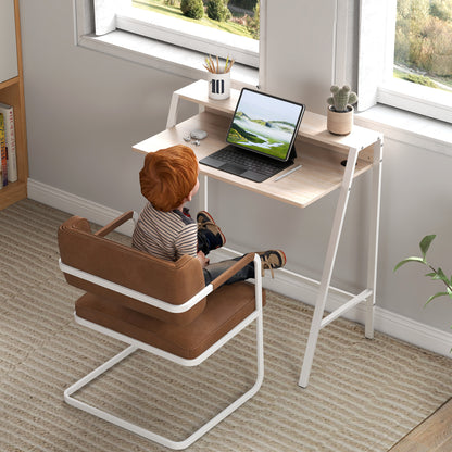 Dodosu 84cm Wooden White And Oak Compact Writing Desk With Storage Shelf