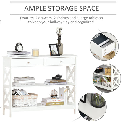 Ralupa 100cm Wooden White X Frame Console Table With Drawers And Open Shelving