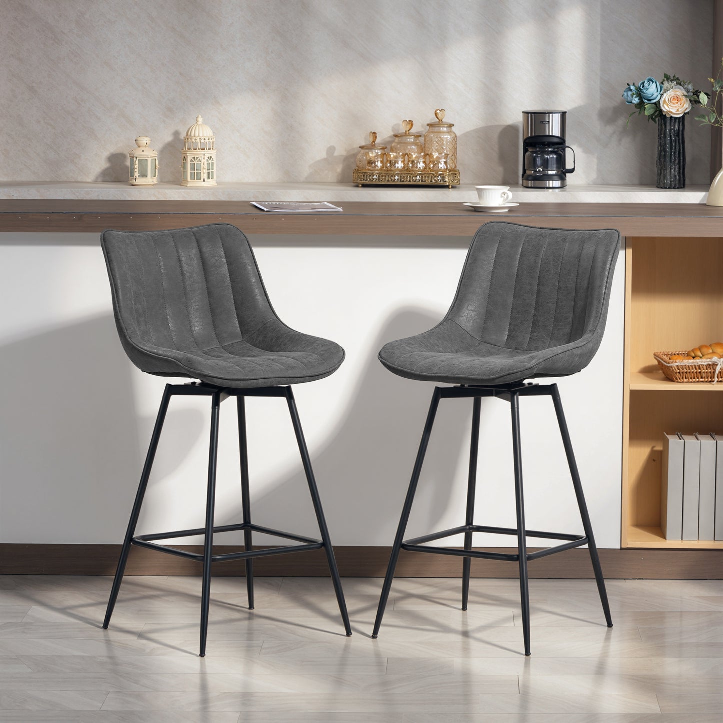 Pahara Set Of 2 Grey Faux Leather Swivel Bar Chairs