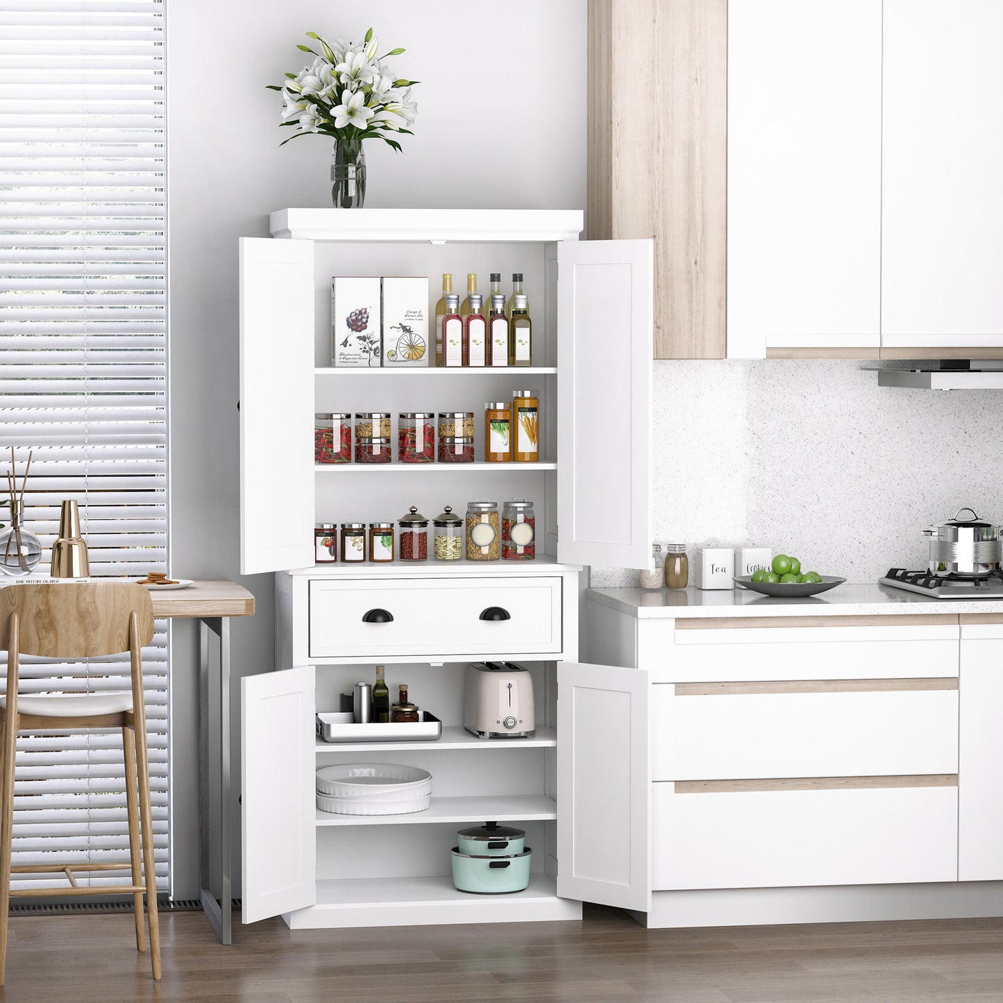 Fayo Wooden White Tall Colonial Style Kitchen Pantry Cabinet 4 Doors And Drawer