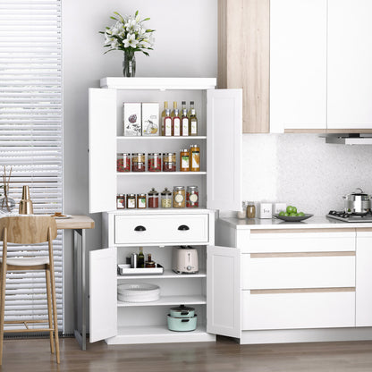 Fayo Wooden White Tall Colonial Style Kitchen Pantry Cabinet 4 Doors And Drawer
