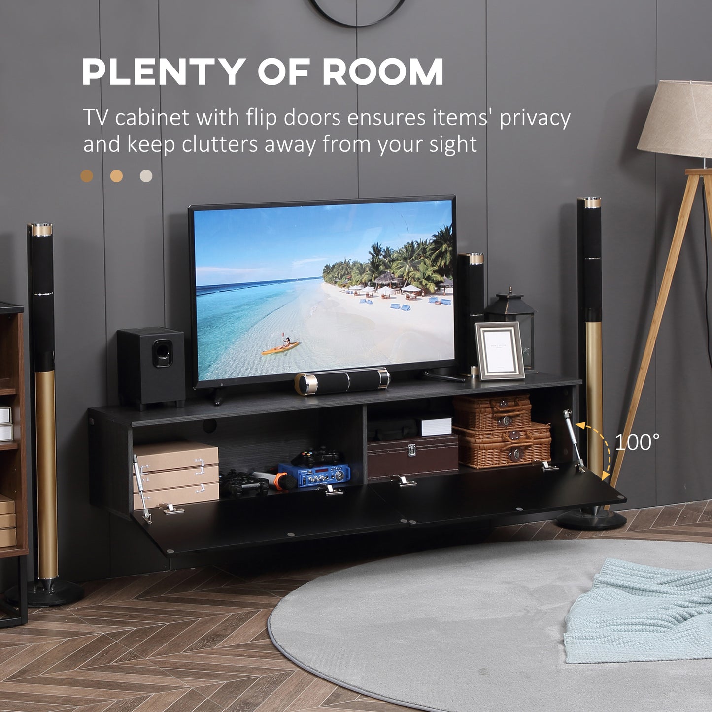 Elkaro High Gloss Grey And Black Floating TV Cabinet With Cupboards For Screens Up To 70 Inches