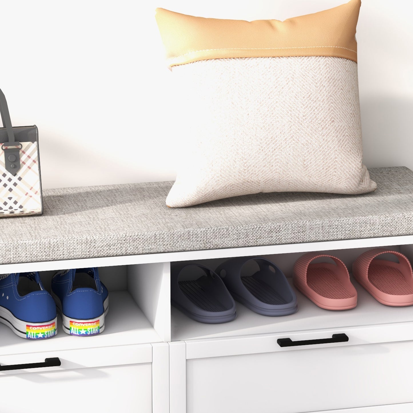 Noma Wooden White Shoe Bench With Grey Cushion2 Shelves 2 Drawers