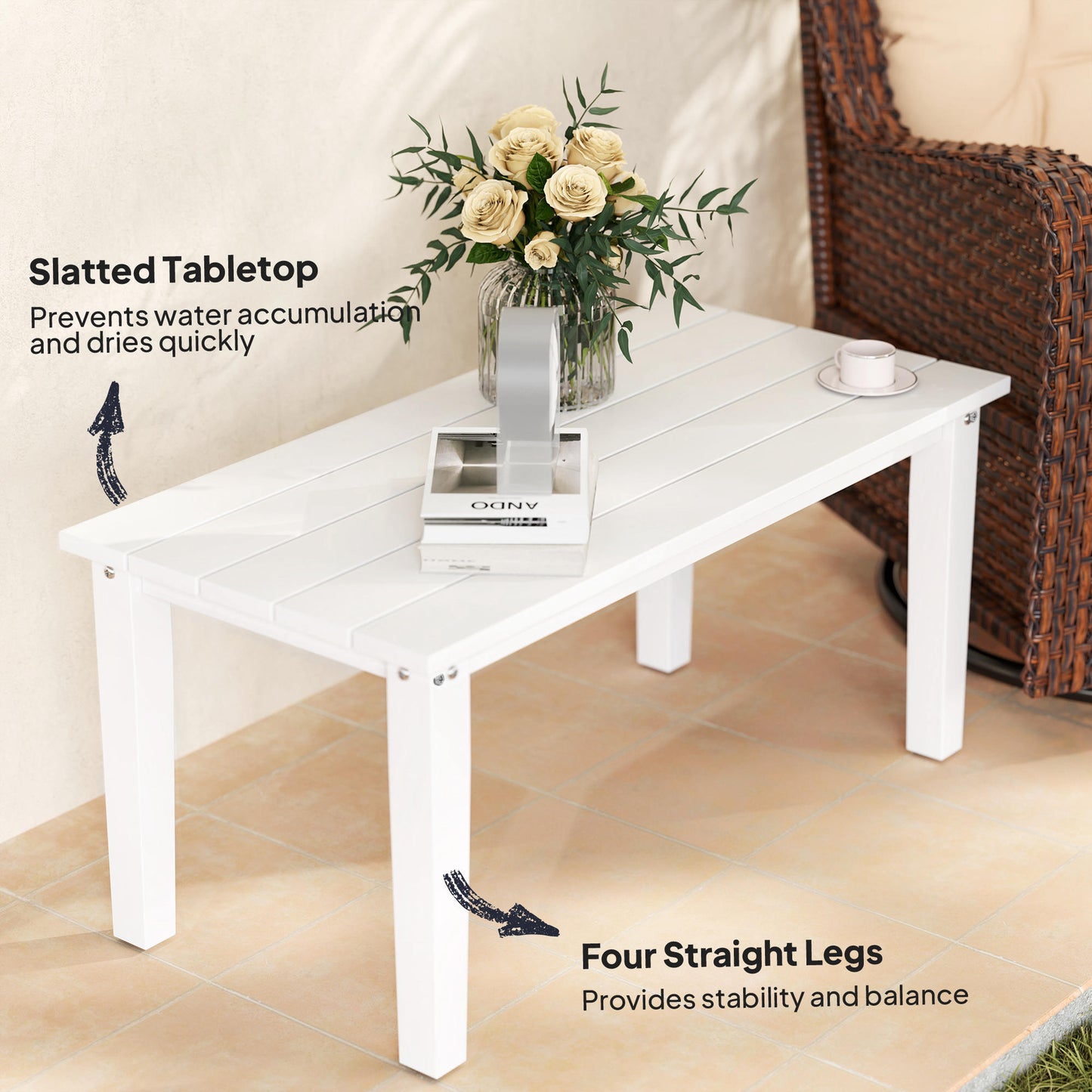 Harota Wooden White Outdoor Rectangular Coffee Table With Slatted Top For Garden And Balcony Use
