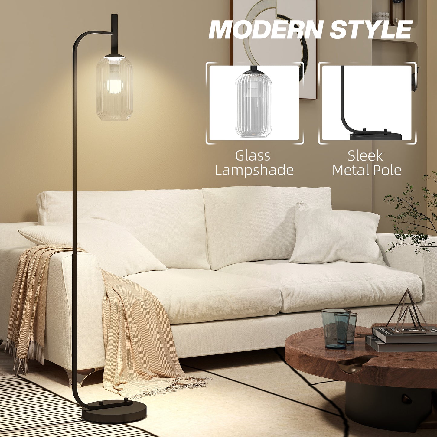 Line Metal Black Retro Floor Lamp With Ribbed Glass Shade