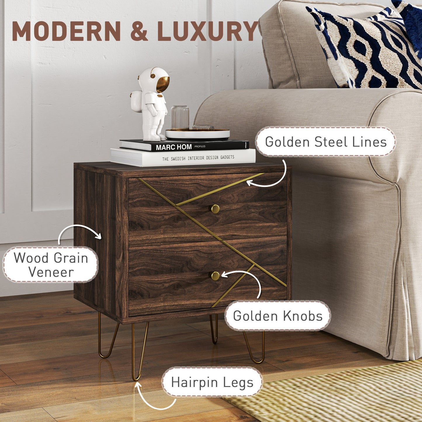 Vasare Soel Set Of 2 Gold and Brown Wood Grain Bedside Tables 2 Drawers Hairpin Legs
