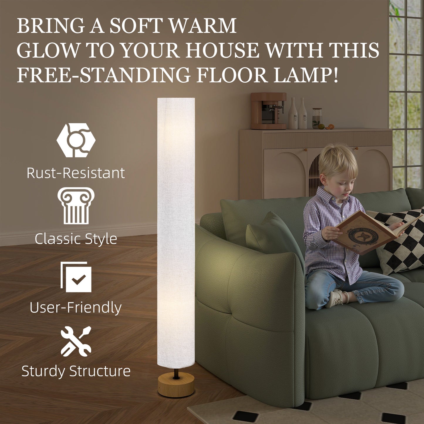 Luretti Wood And Fabric Grey Modern Standing Floor Lamp With Linen Shade 120cm