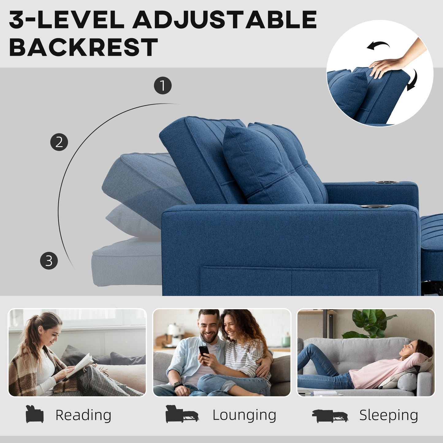 Mizifi Fabric Dark Blue 2 Seater Pull Out Sofa Bed