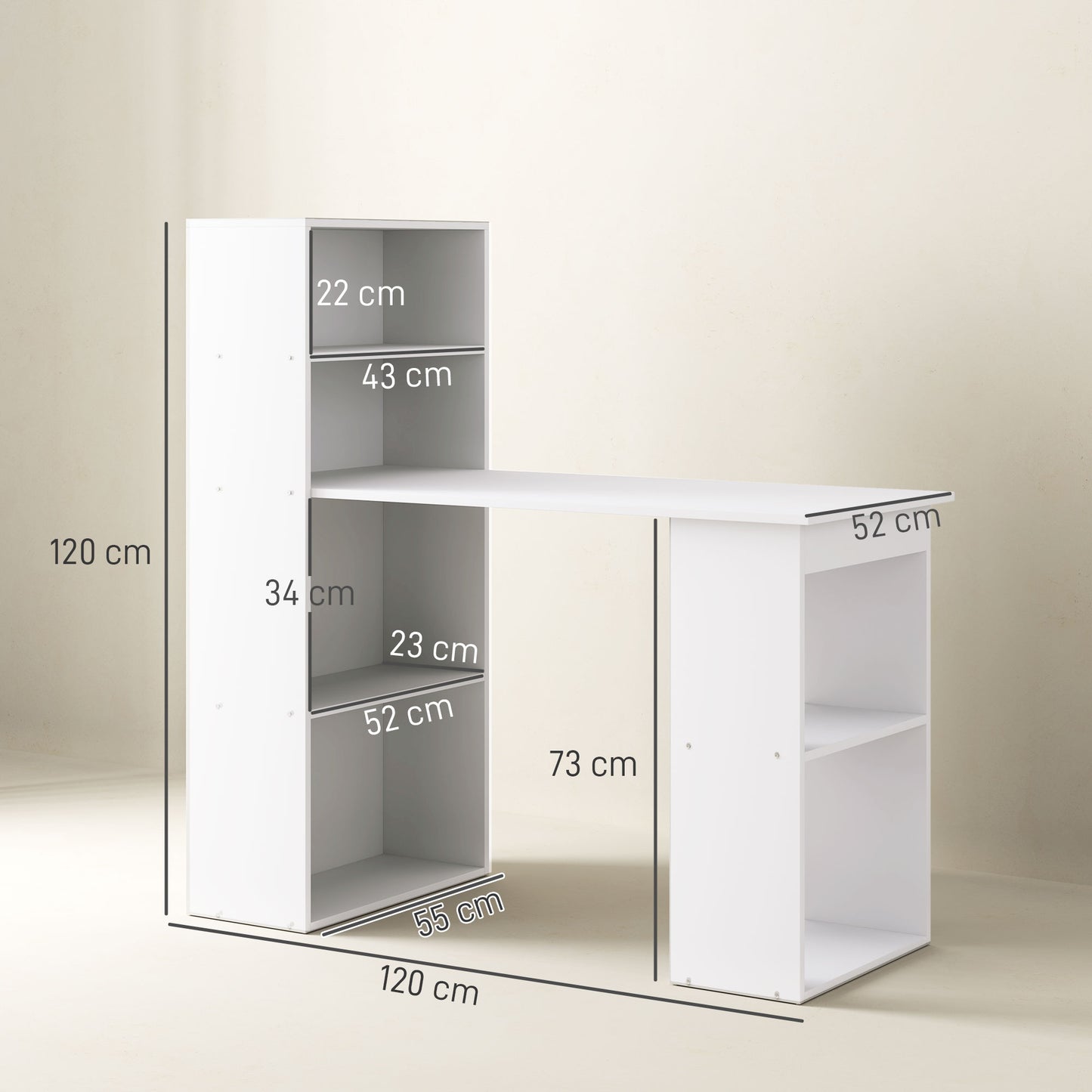 Zire 120cm Wooden White Study Desk With 6 Tier Bookshelf Storage