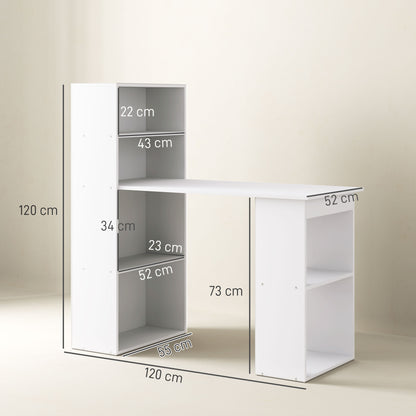 Zire 120cm Wooden White Study Desk With 6 Tier Bookshelf Storage