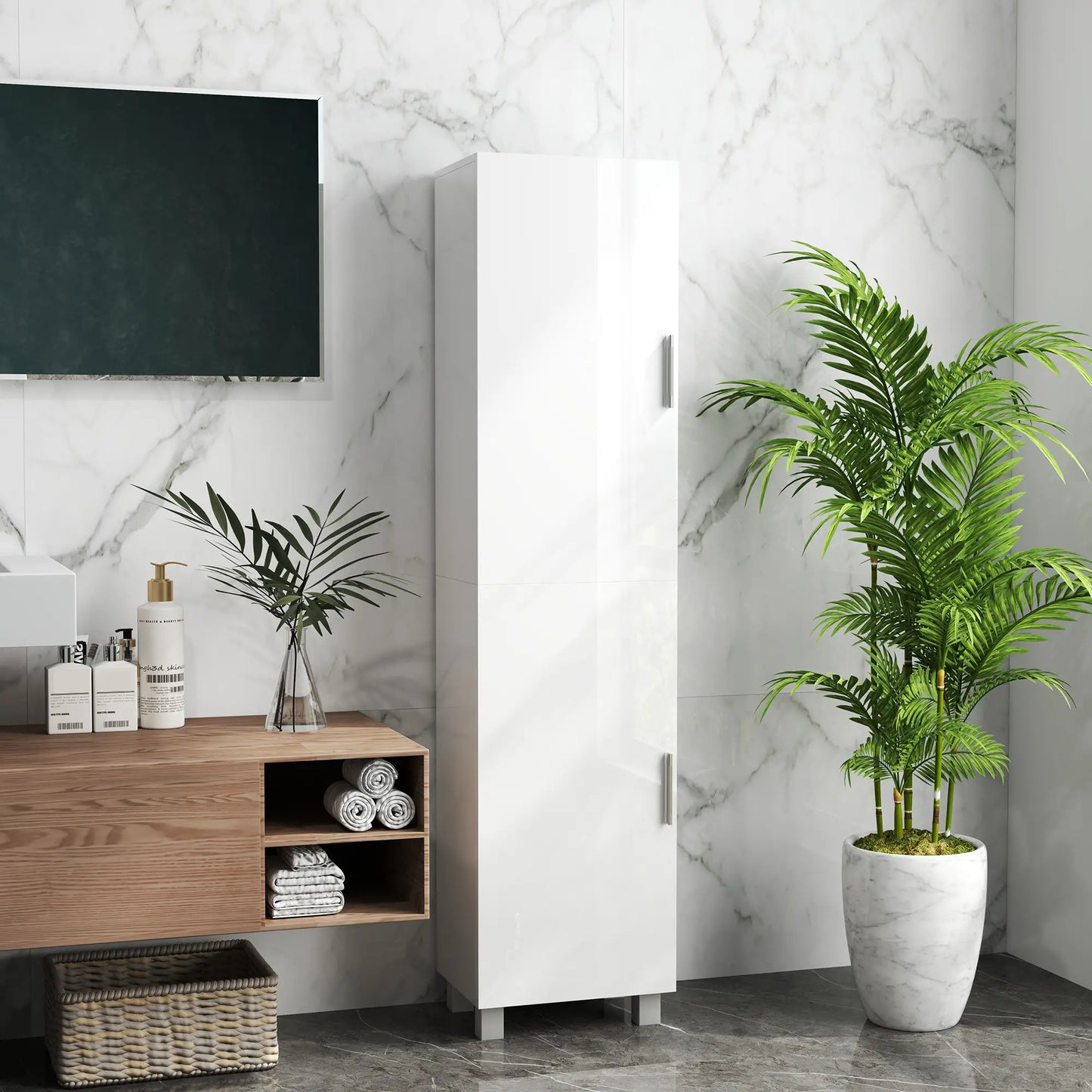 Valatti Freestanding Tall Bathroom Storage Cabinet With Adjustable Shelves And Double Doors