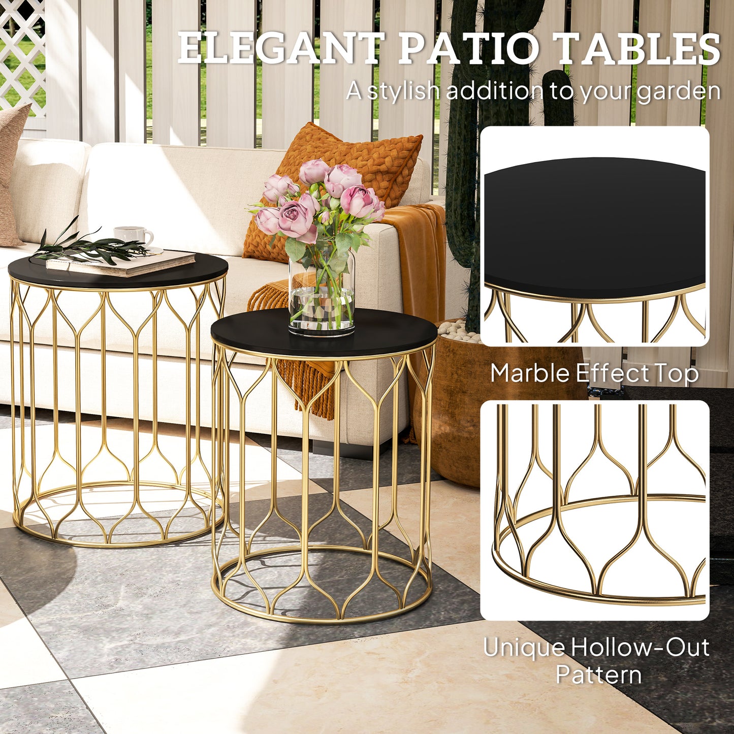 Loba Set Of 2 Metal Black Round Nesting Outdoor Coffee Tables With Ceramic Tile Tops