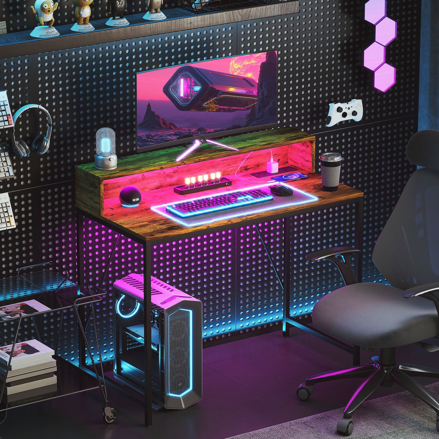 Rena Rustic Brown 100cm Gaming Desk With LED Lights Power Outlets And Monitor Stand