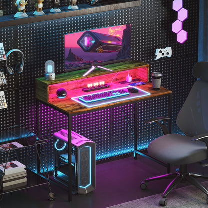 Rena Rustic Brown 100cm Gaming Desk With LED Lights Power Outlets And Monitor Stand