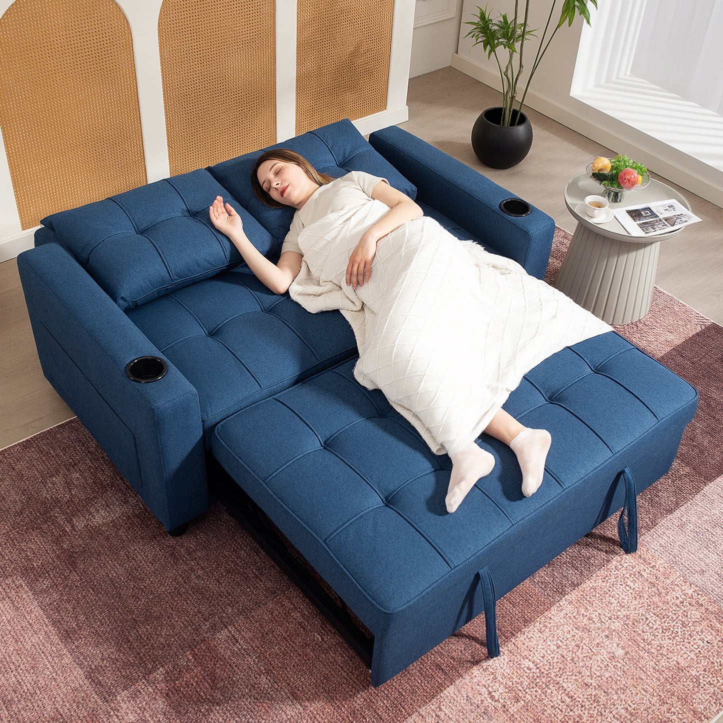 Mizifi Fabric Dark Blue 2 Seater Pull Out Sofa Bed