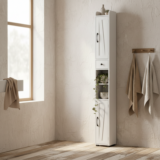 Mittori Farmhouse Style Slim Bathroom Storage Cabinet With Barn Doors And Toilet Roll Holder White