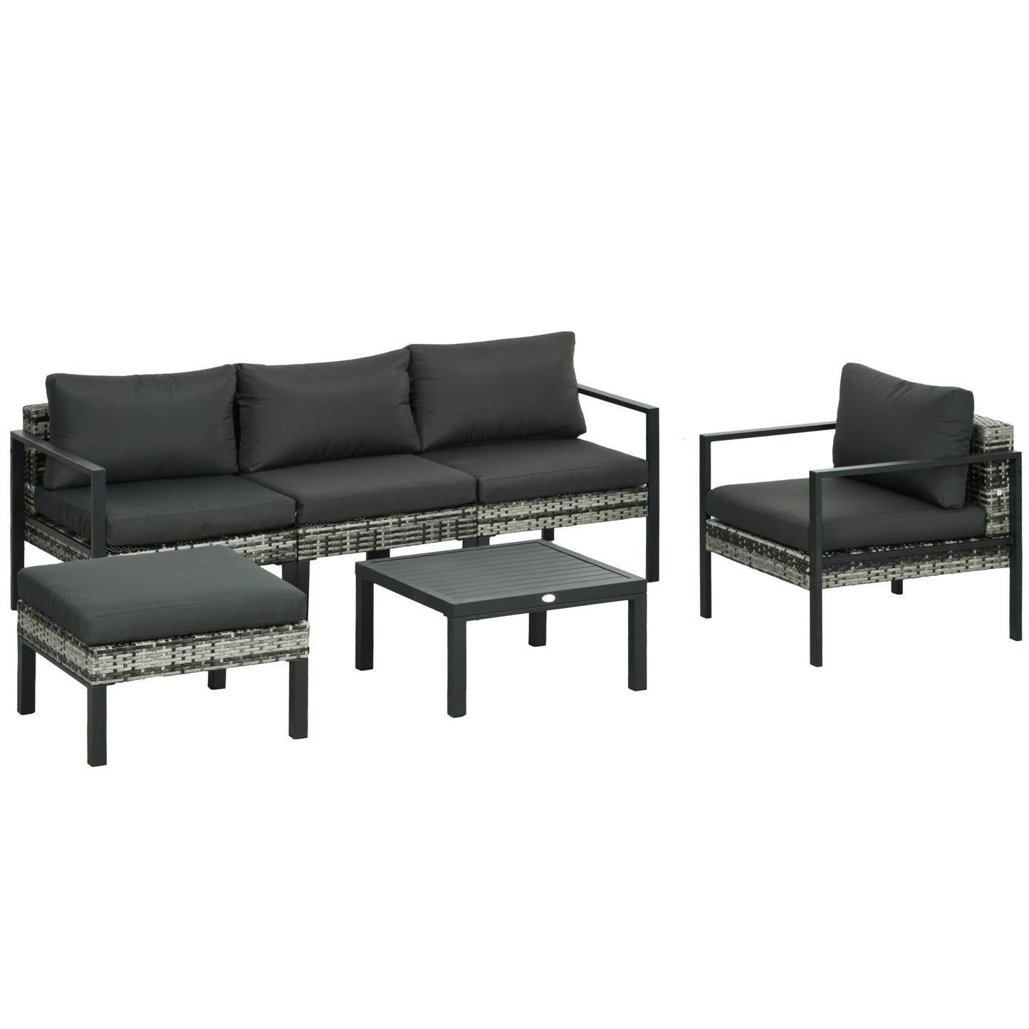 Fineno Rattan Dark Grey and Black 5 Seater Garden Sofa Set With Cushions