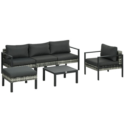Fineno Rattan Dark Grey and Black 5 Seater Garden Sofa Set With Cushions