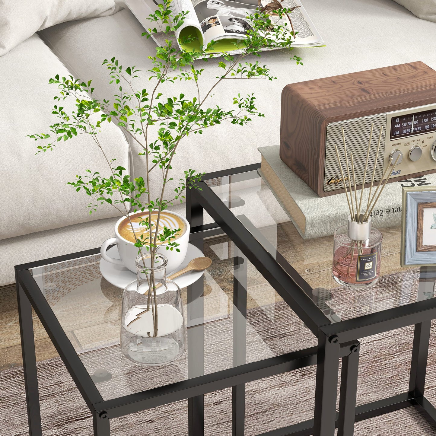 Riraro Metal Black Set Of 2 Nesting Side Tables With Glass Tops