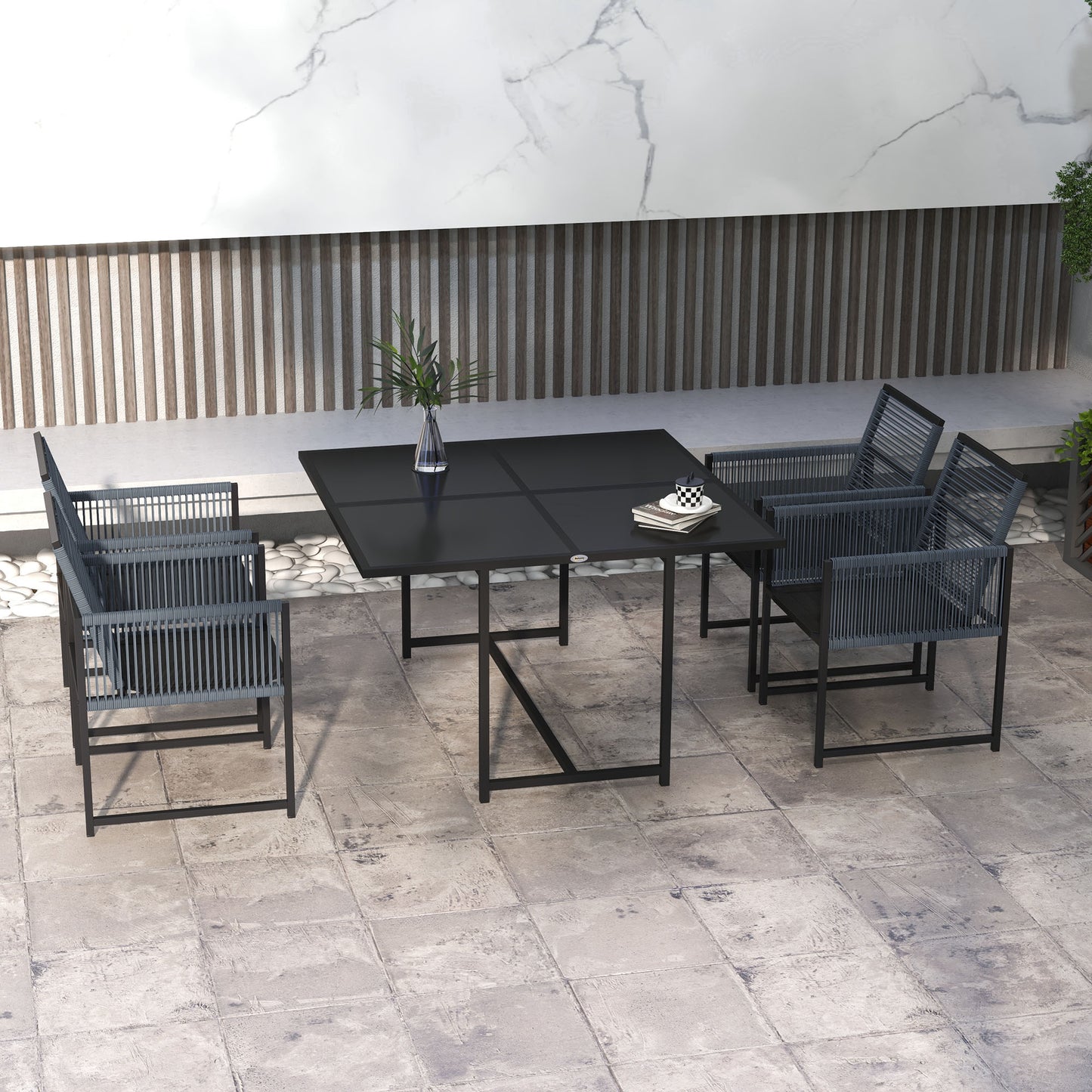 Nolu 4 Seater Metal Dark Grey Rattan Rope Garden Dining Set