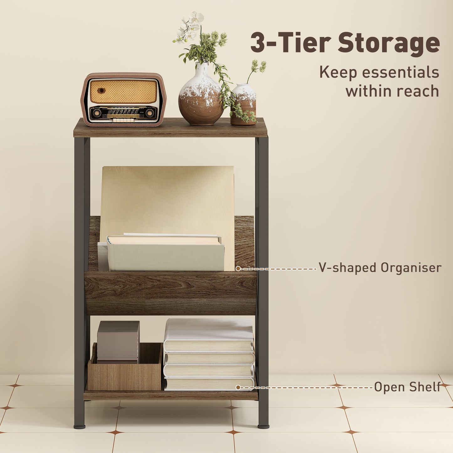 Elfi Nere Wooden Oak Narrow Side Table With 3 Tier Storage and V Shaped Magazine Holder 40 x 30 x 61 cm