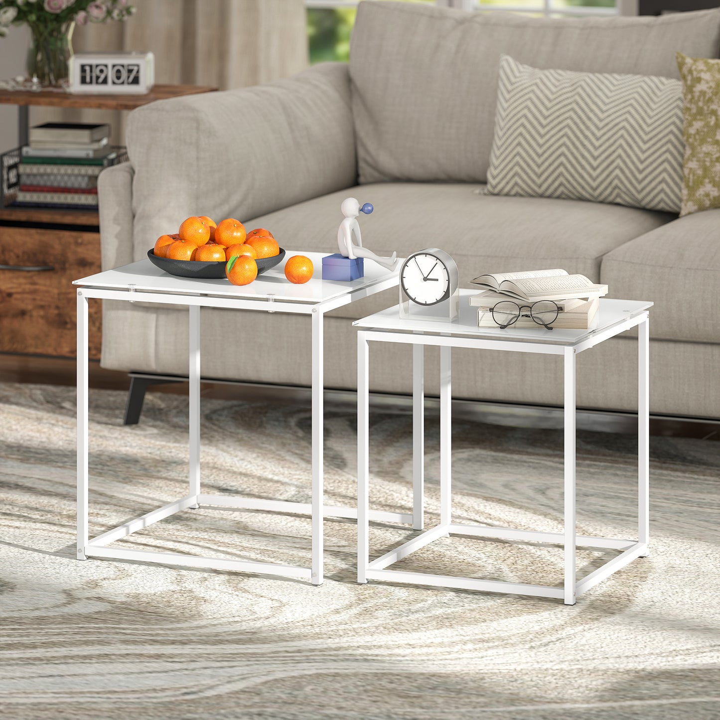 Lenoni Metal And Glass White Set Of 2 Nesting Coffee Tables With TemFauxred Glass Tops