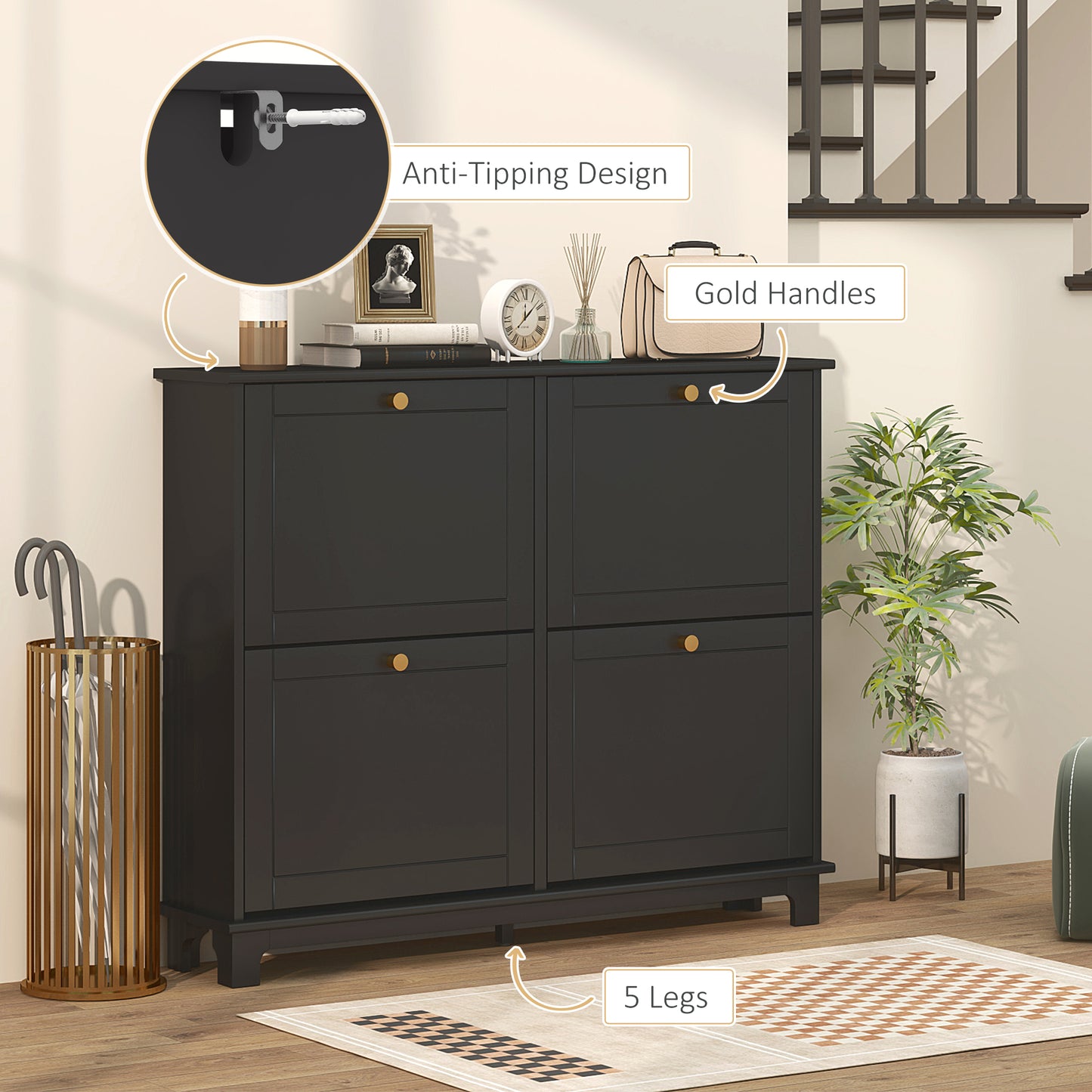 Serodo Wooden Black Slim Shoe Cupboard With 4 Flip Drawer For 16 Pairs