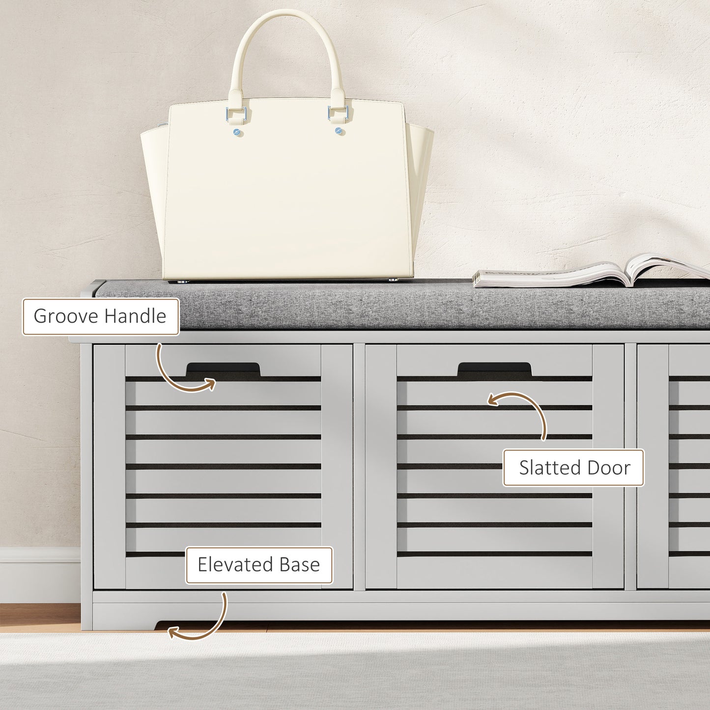 Vazi Wooden Grey 3 Drawer Shoe Storage Bench With Padded Top