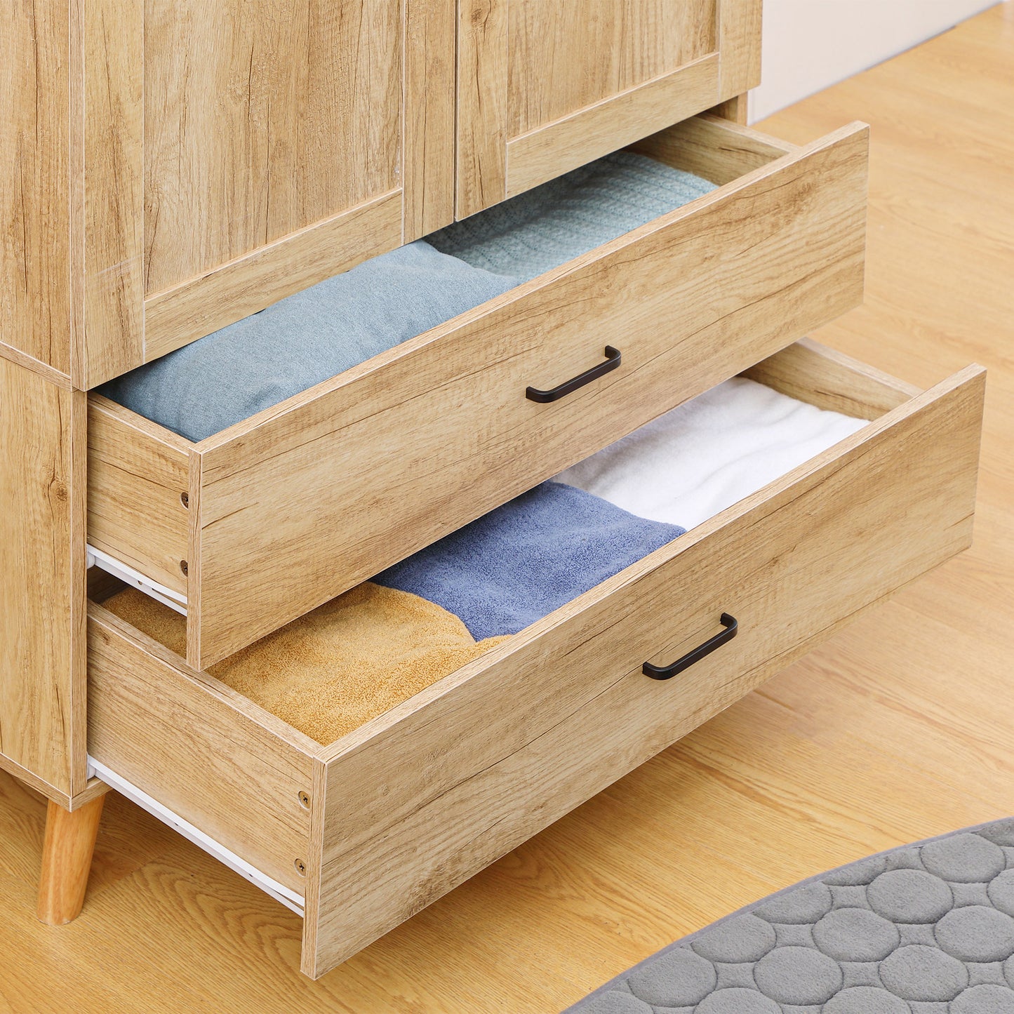 Corasoro Natural Wood Finish 2 Door Modern Wardrobe With 2 Drawers And Hanging Rail