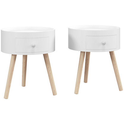 Ladi Wood White Set Of 2 Round Bedside Tables With Drawer Storage