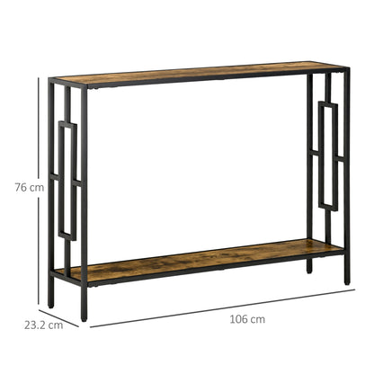 Sanero 106cm Metal And Wooden Rustic Brown Narrow Industrial Console Table With Storage Shelf