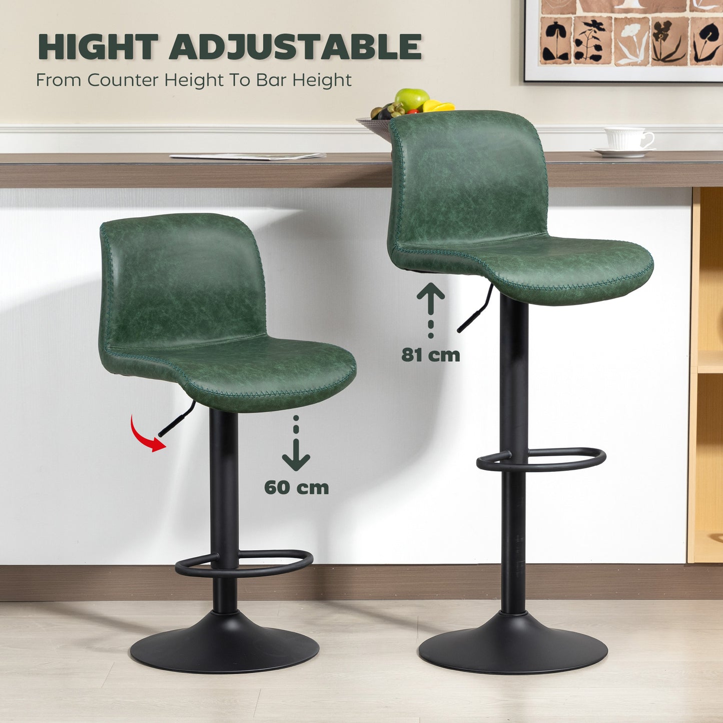 Kekero Set Of 2 Green Faux Leather Counter Bar Chairs With Back And Footrest