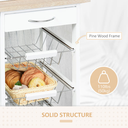 Norili Metal Natural And White Rolling Kitchen Cart With 4 Basket Drawers And Side Racks