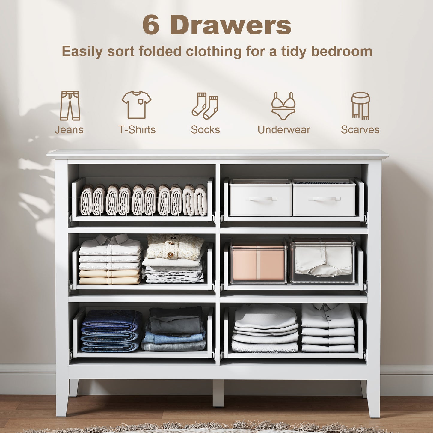 Lezi Wooden White 6 Drawer Fluted Storage Dresser